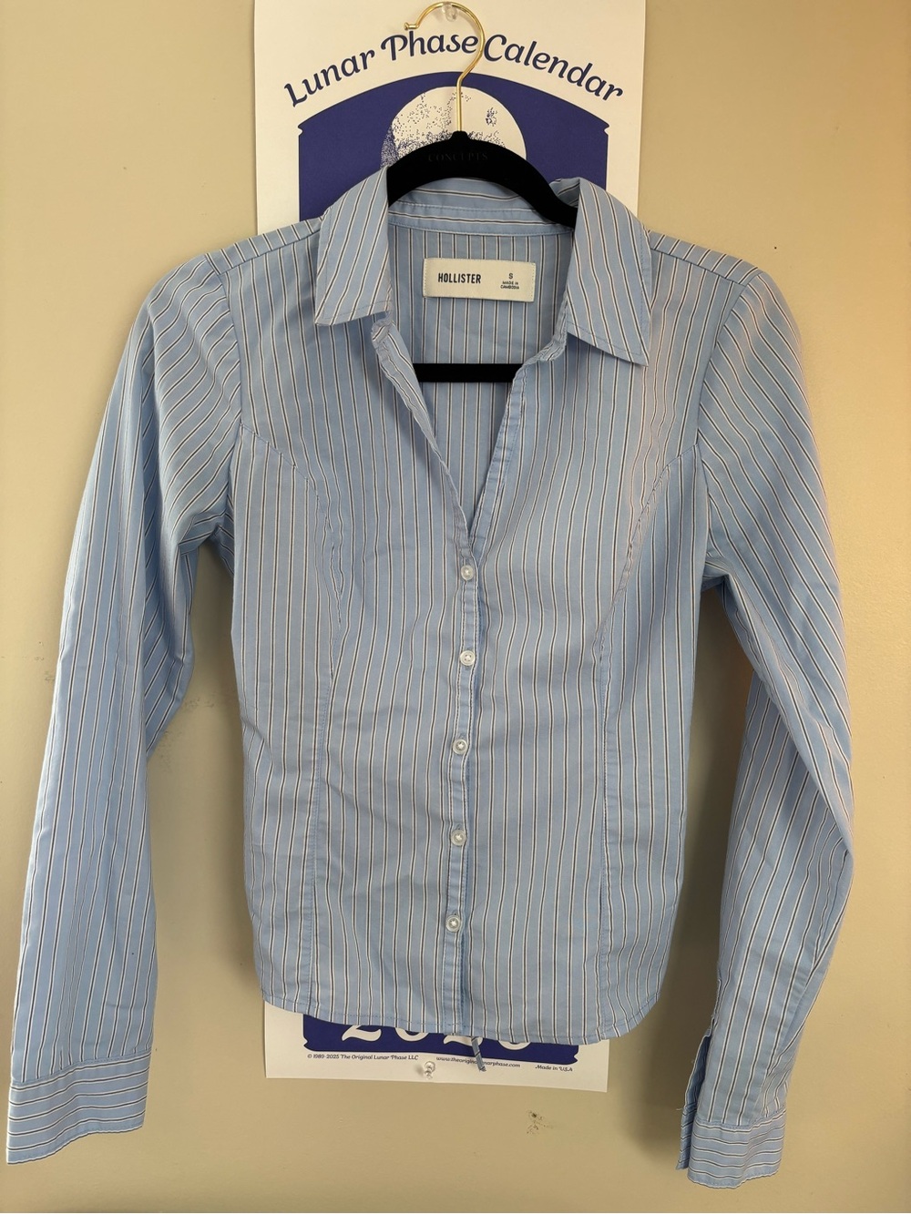 Hollister Light Blue Shirt with White and Navy Pinstripes